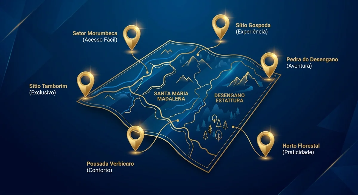 Infográfico com mapa dos 6 melhores locais para astrofotografia na região de Santa Maria Madalena e Parque do Desengano.