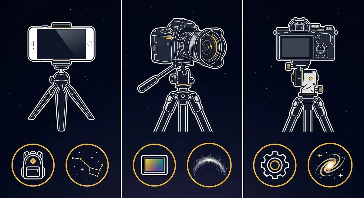 Tabela comparativa de equipamentos para astrofotografia: smartphone, DSLR e mirrorless.