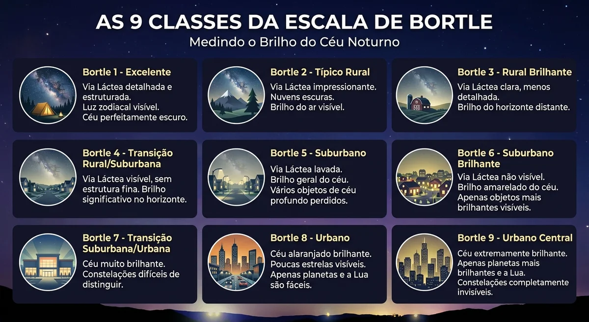 Infográfico explicando as 9 classes da Escala de Bortle, desde o céu escuro excelente (Classe 1) até o céu de centro urbano (Classe 9).