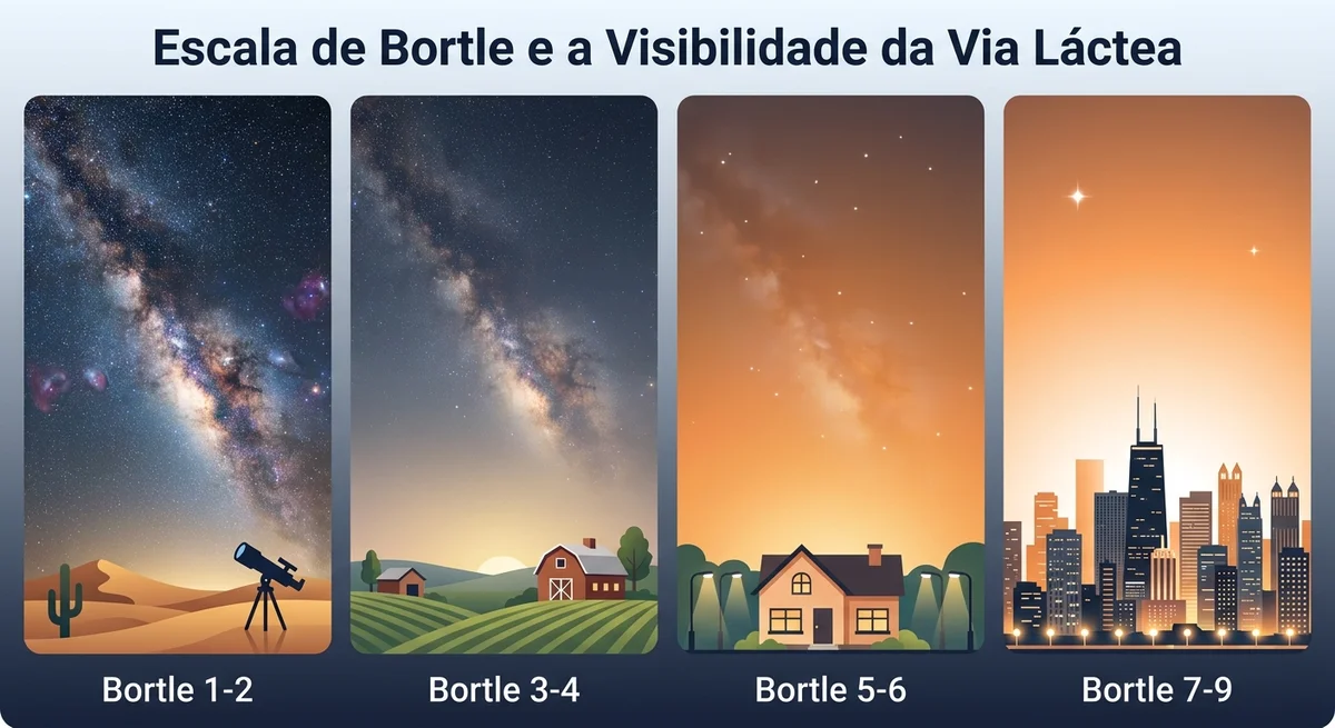 Infográfico explicando a Escala de Bortle e como ela afeta a visibilidade ao fotografar a Via Láctea.