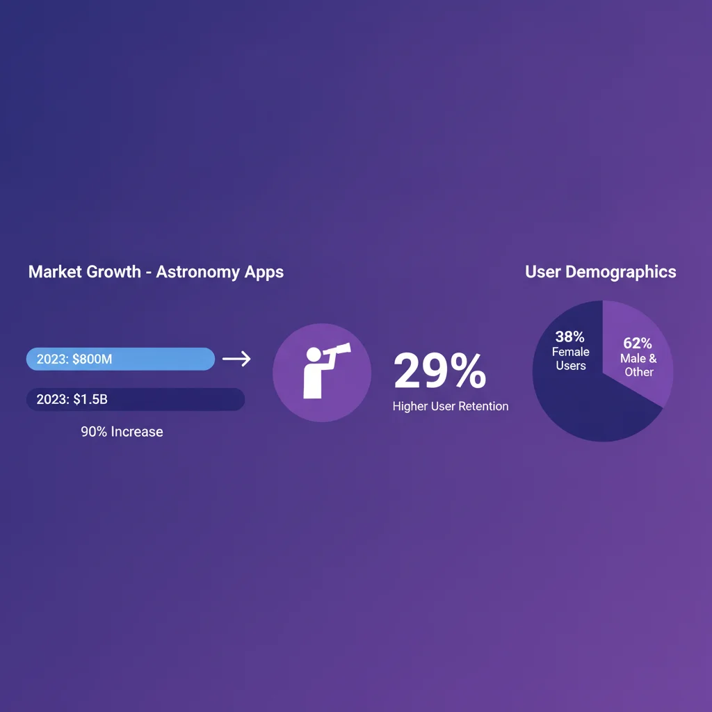 Infográfico com estatísticas de crescimento do mercado de apps de astronomia em 2026