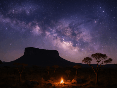 Via Lactea brilhante sobre silhueta de planalto rochoso no cerrado brasileiro em um Dark Sky Park com ceu estrelado e brilho dourado de fogueira