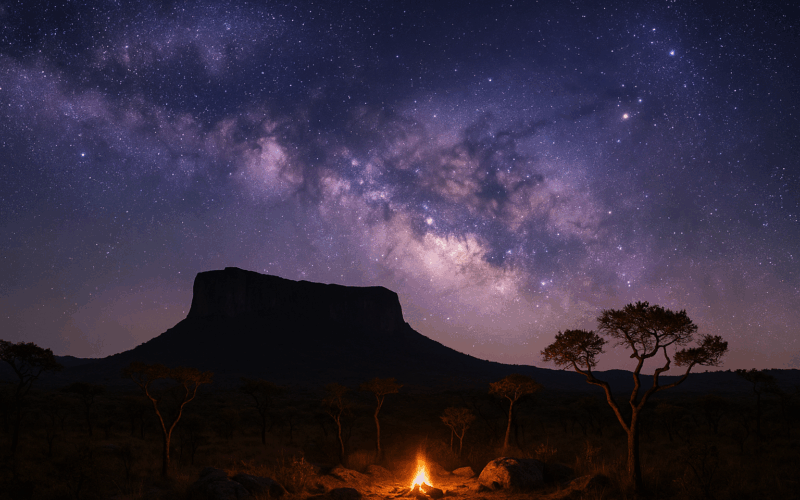 Via Lactea brilhante sobre silhueta de planalto rochoso no cerrado brasileiro em um Dark Sky Park com ceu estrelado e brilho dourado de fogueira