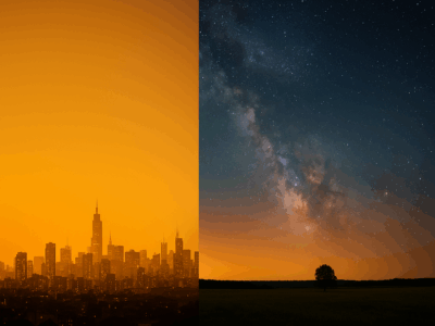 Composicao dividida mostrando contraste entre ceu urbano com poluicao luminosa alaranjada e ceu rural com milhares de estrelas e Via Lactea visivel