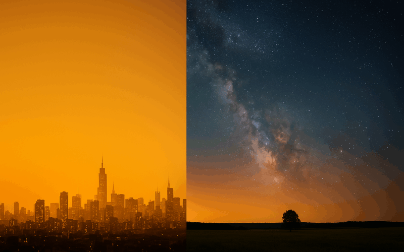 Composicao dividida mostrando contraste entre ceu urbano com poluicao luminosa alaranjada e ceu rural com milhares de estrelas e Via Lactea visivel