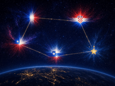 Cinco estrelas brilhantes com cores das bandeiras da Franca Croacia Chile Eslovenia e Niue formando constelacao sobre a curvatura da Terra representando paises que combatem poluicao luminosa