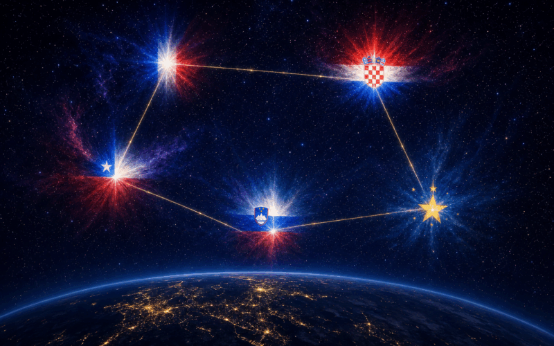 Cinco estrelas brilhantes com cores das bandeiras da Franca Croacia Chile Eslovenia e Niue formando constelacao sobre a curvatura da Terra representando paises que combatem poluicao luminosa