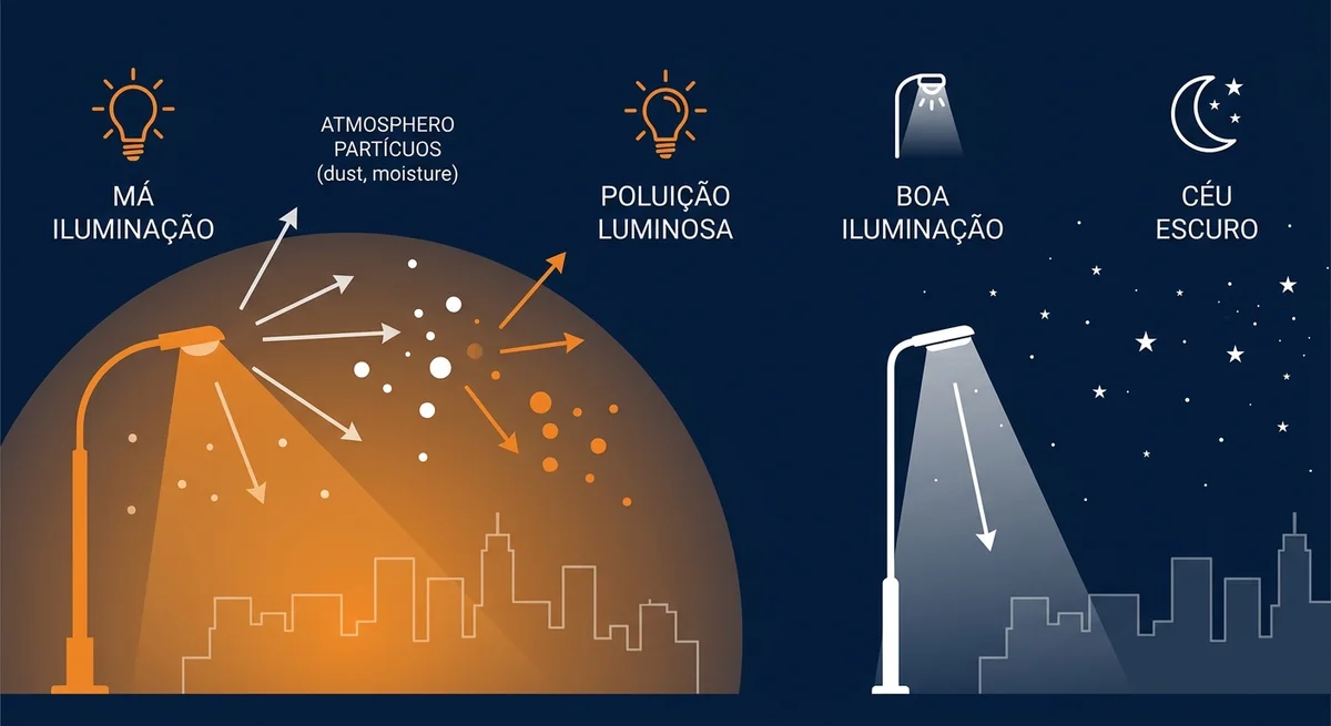 Infográfico explicando como a poluição luminosa e o skyglow escondem as estrelas na cidade.