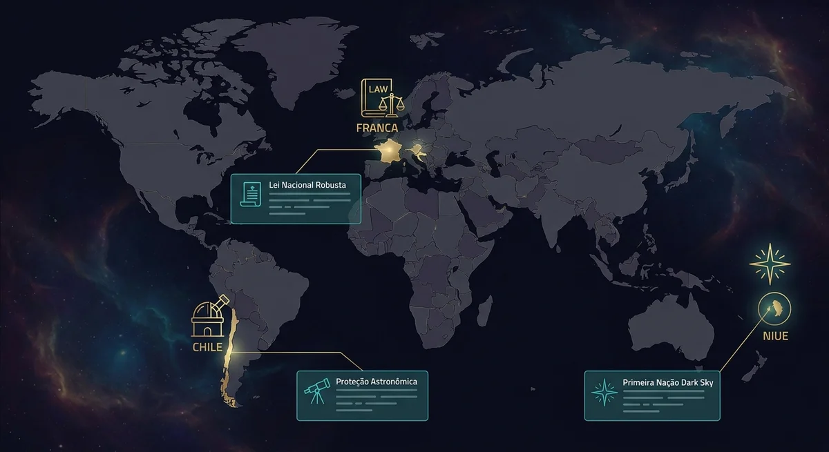 Infográfico mostrando os principais países com leis contra poluição luminosa no mundo.