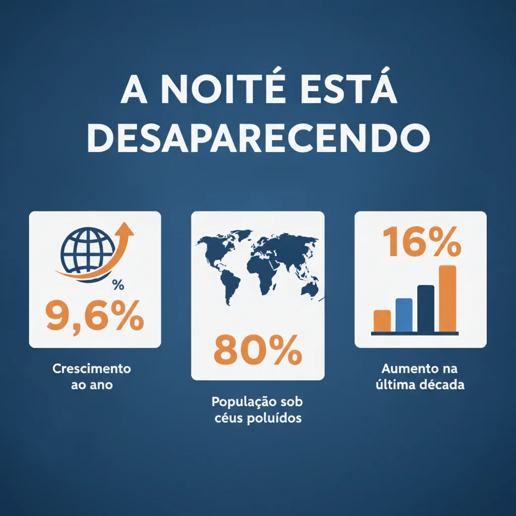 Infográfico com estatísticas sobre o aumento da poluição luminosa em 2026, destacando o crescimento anual do brilho do céu.