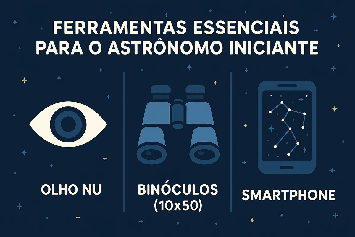 Infográfico com as ferramentas essenciais para iniciantes em astronomia: olho nu, binóculos e aplicativos.