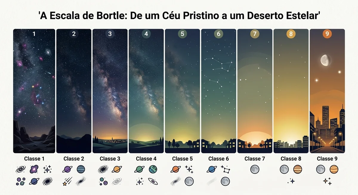 Infográfico da Escala de Bortle, mostrando a degradação da visibilidade do céu noturno devido à poluição luminosa.
