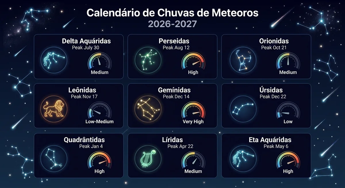 Infográfico com o calendário das principais chuvas de meteoros de 2026 a 2027, mostrando datas de pico e intensidade.