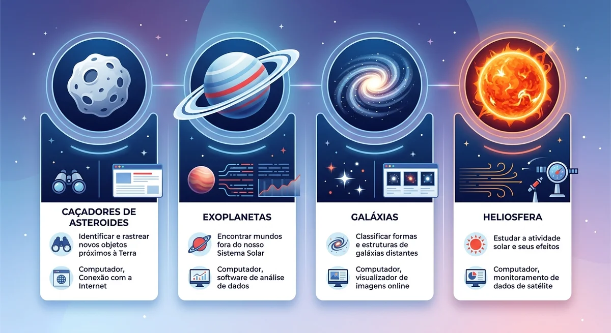 Infográfico mostrando os tipos de projetos de ciência cidadã da NASA, como caça a asteroides e observação de exoplanetas.