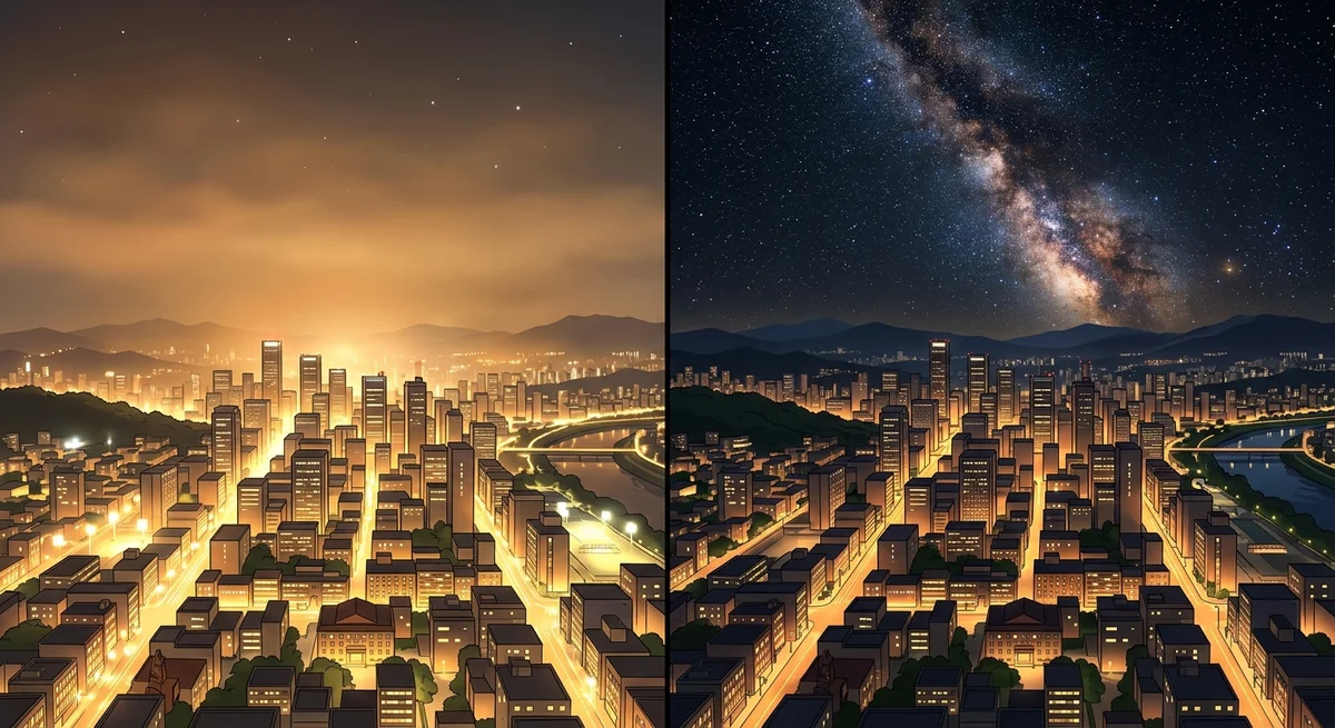 Comparação visual do céu noturno com e sem poluição luminosa, destacando a importância de projetos como o Globe at Night.