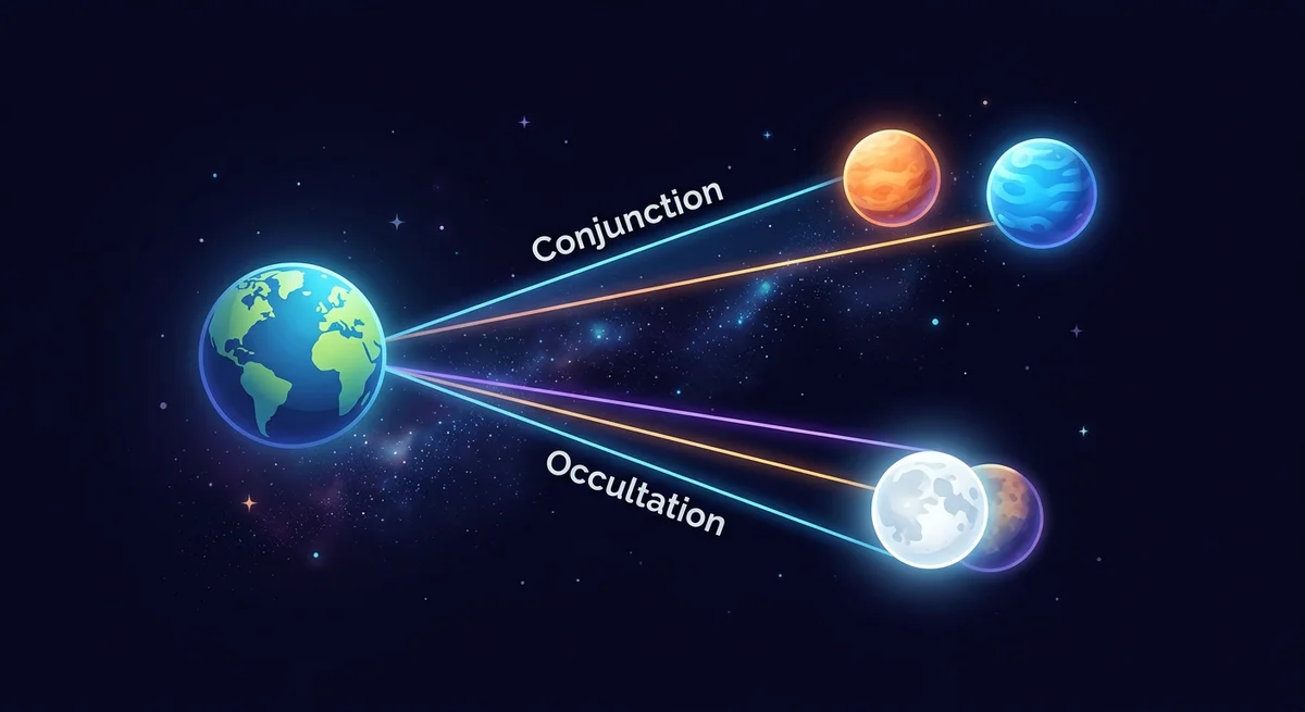 Diagrama explicando a diferença entre uma conjunção planetária e uma ocultação astronômica.